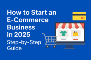 Illustration showing an online store on a computer screen with a shopping cart and credit card, representing how to start an e-commerce business in 2025.